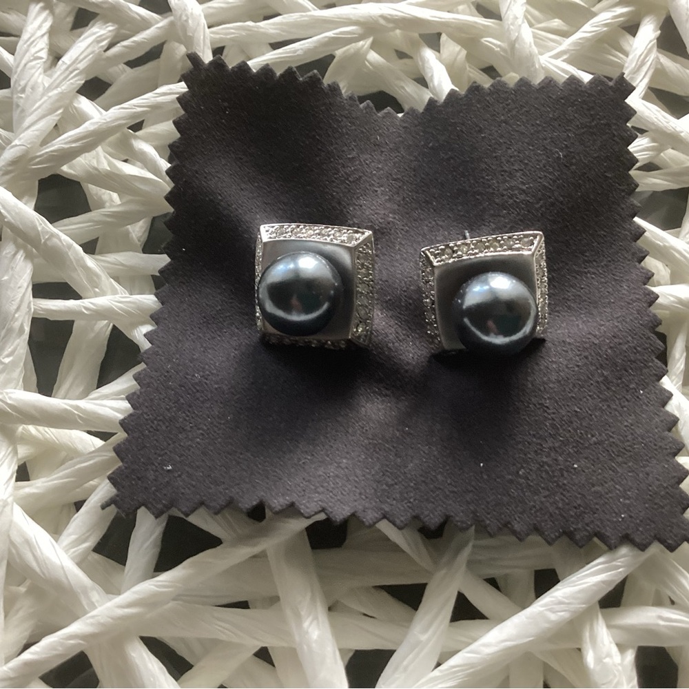 Sterling Silver Black Pearl Drop Earrings with Pave Accents - Picture 4 of 6